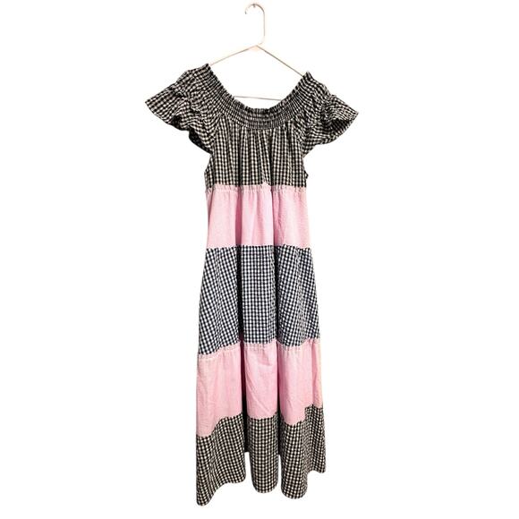 Free People Gingham Off Shoulder Maxi Dress Black Pink Blue Lara Maxi Size Small - Picture 1 of 7